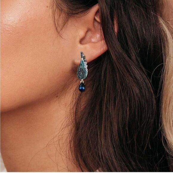 Silver with Sapphire Blue Crystal Angel Wing Enamel Dangling Post Back Earrings - Picture 3 of 5